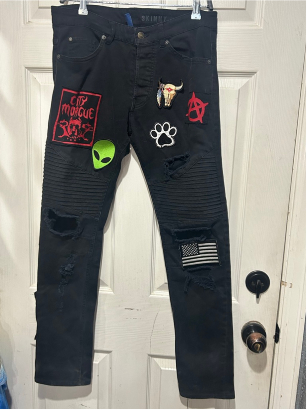 Men's Black Skinny Jeans with Patches Waist 32
